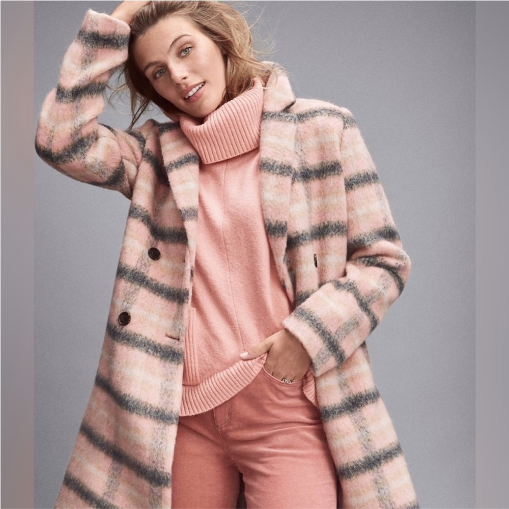 LOFT Wool Blend Fuzzy Double Breasted Plaid Print Coat